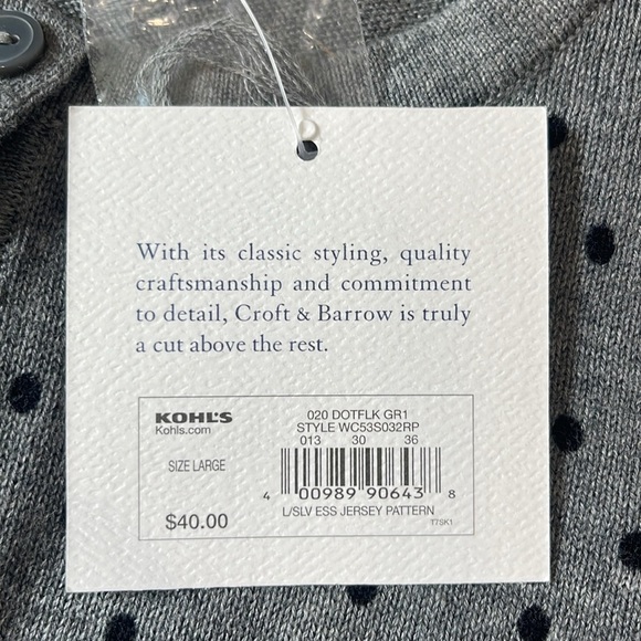 NWT Croft & Barrow Gray Knit Polka dot Cardigan Sweater - Picture 3 of 5